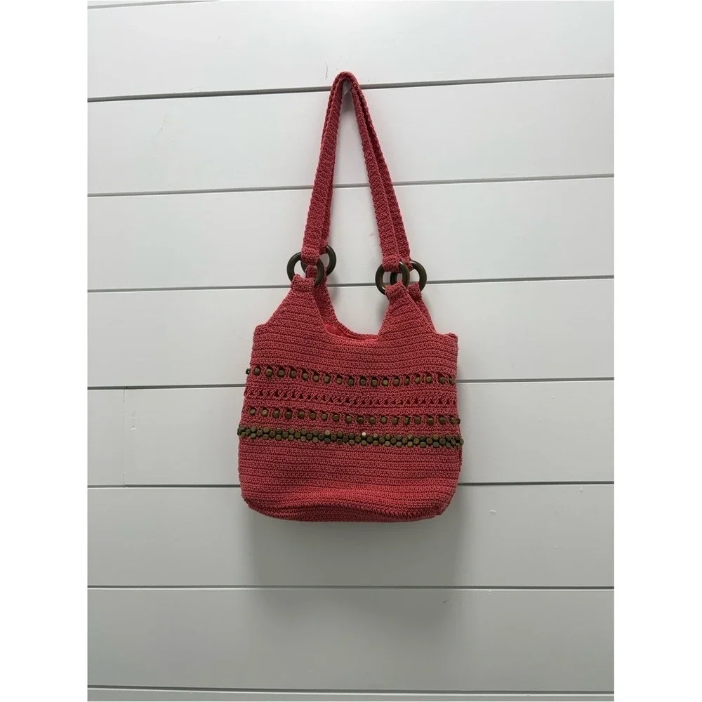 Handwoven Coral Crochet Tote Bag with Wooden Ring Handles